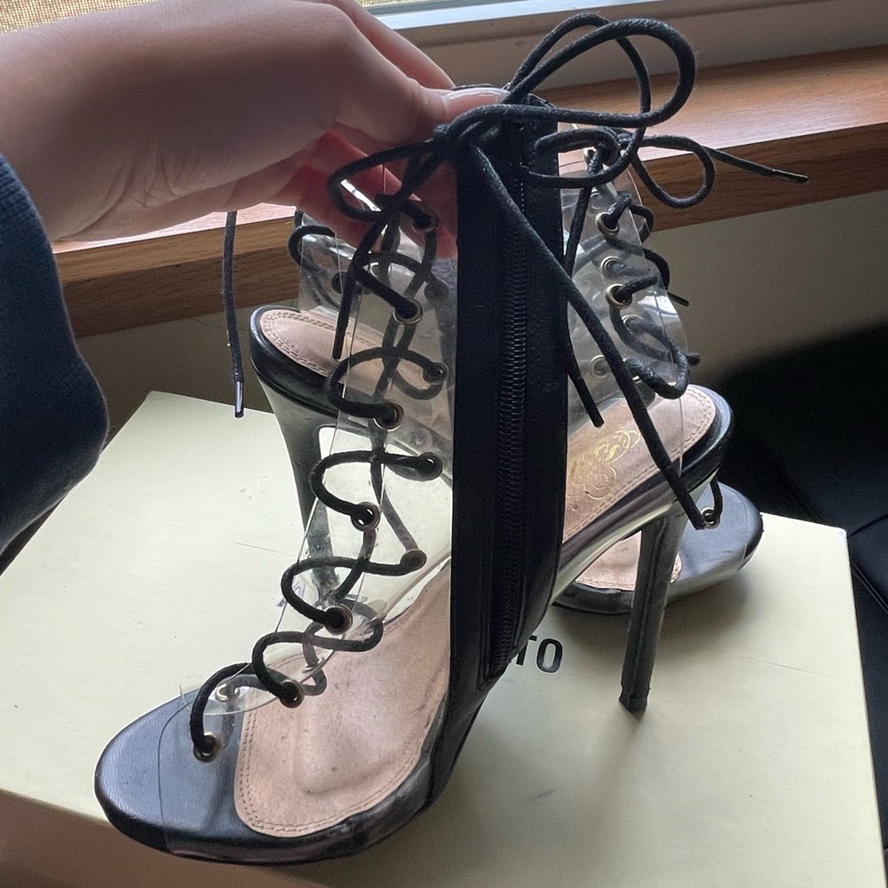 WILD DIVA Clear Tie Stiletto Heels